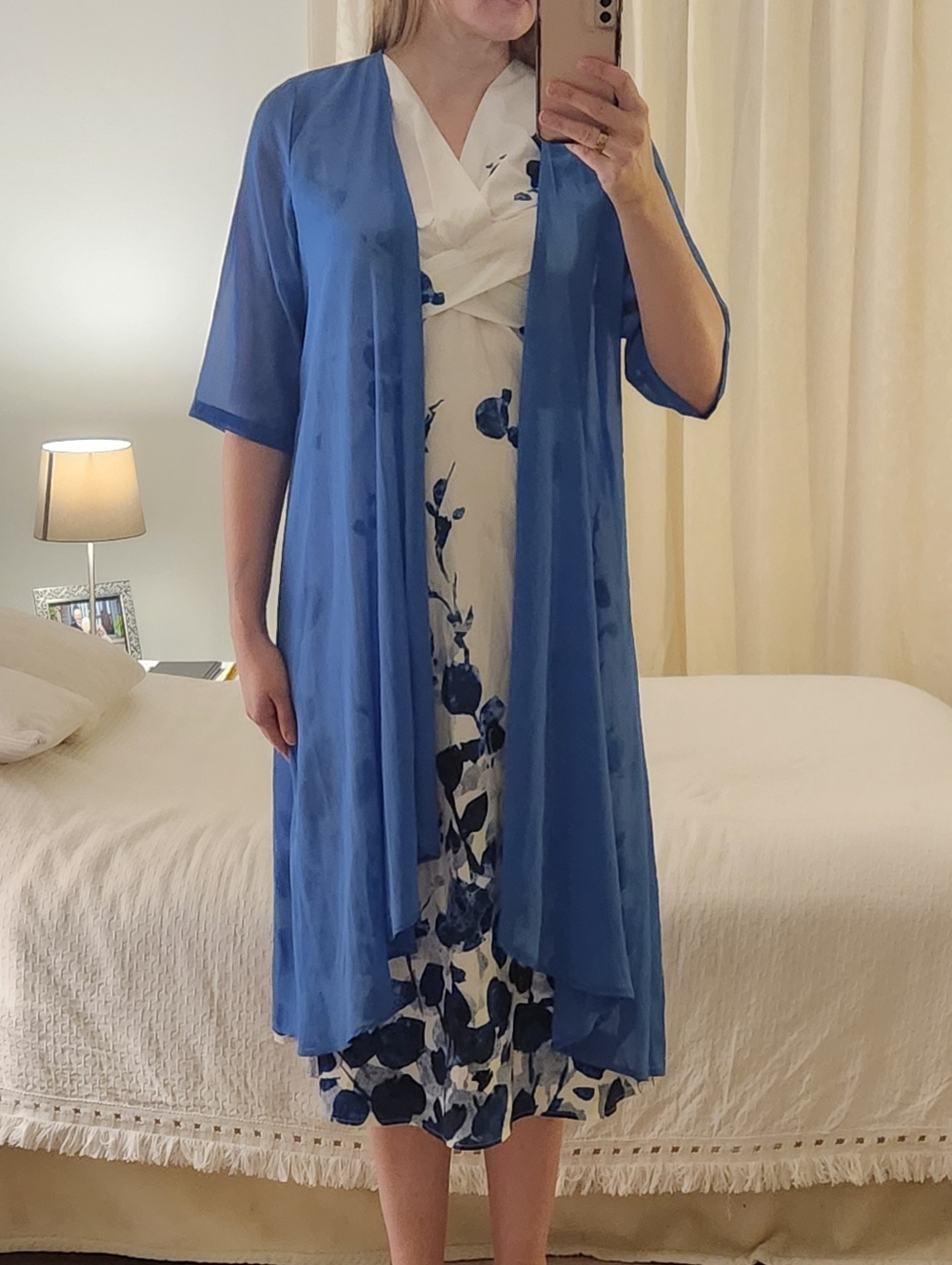 Blue Floral Midi Dress with Sheer Overlay